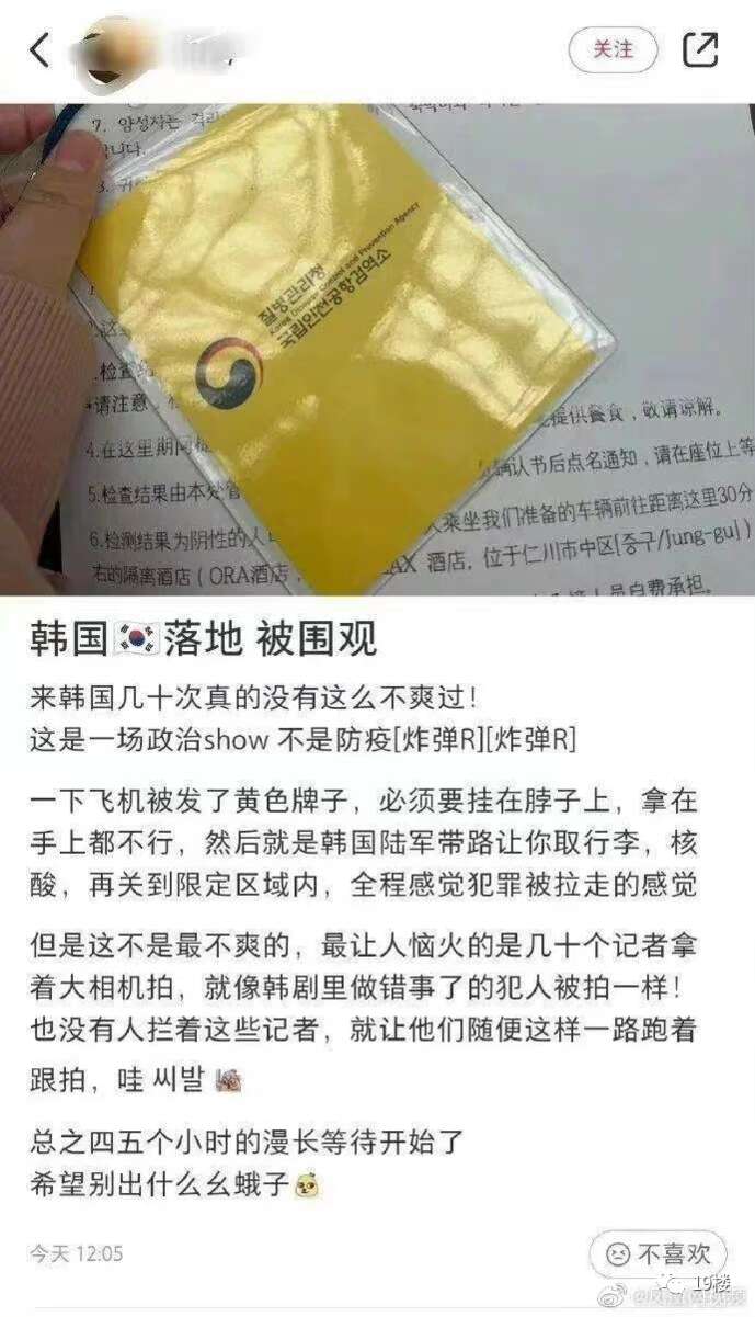 中国游客入境韩国后，会被统一发放黄色胸牌，被围观